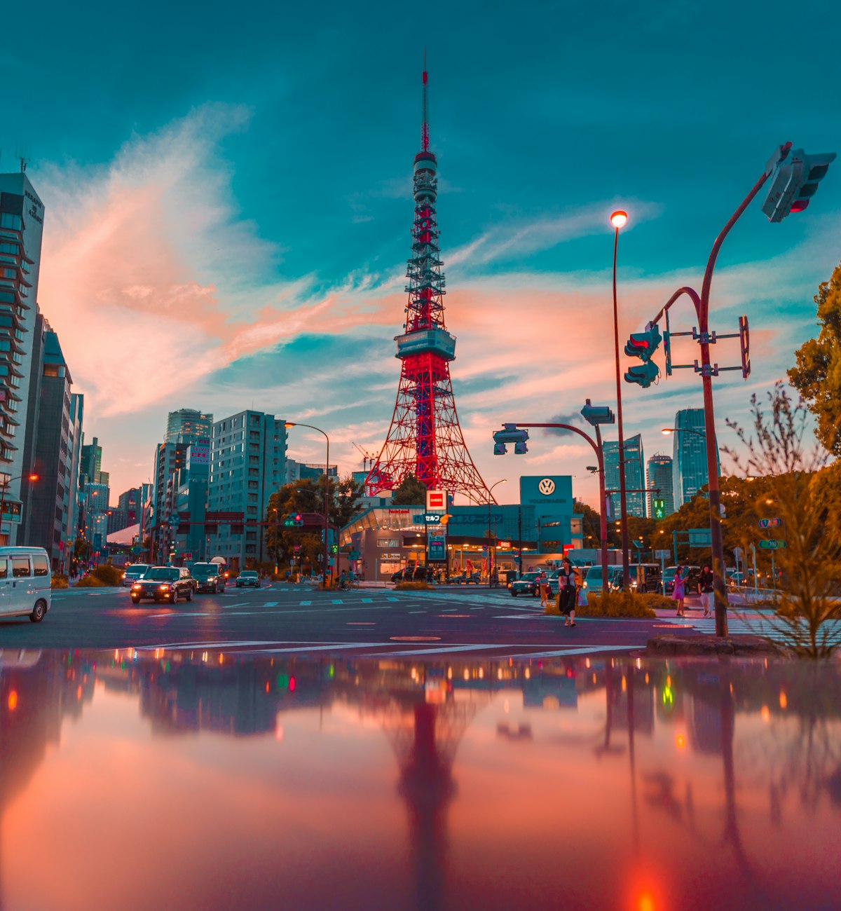 Tokyo skyline at night with neon lights and train lines