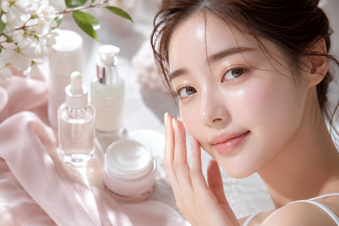 Korean glass skin routine featuring a woman with radiant hydrated skin and skincare products