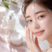 Korean glass skin routine featuring a woman with radiant hydrated skin and skincare products