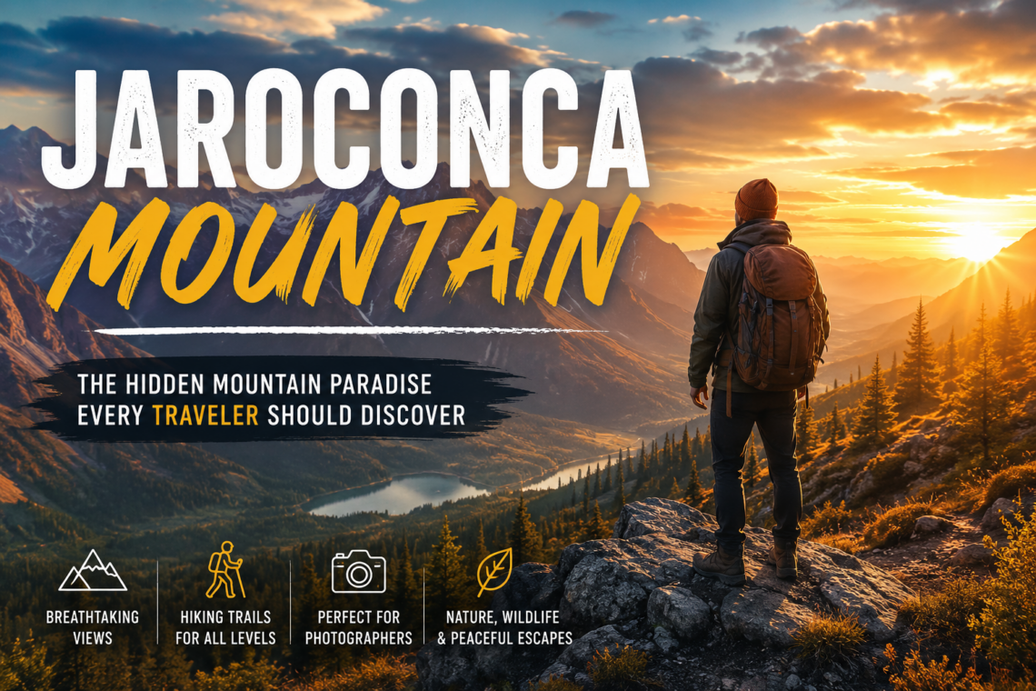 Jaroconca Mountain sunrise panorama with hiker