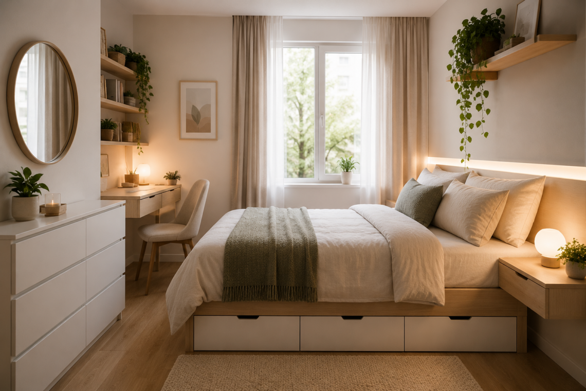 Modern small bedroom with smart storage solutions