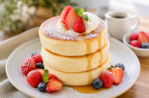 Japanese soufflé pancakes with berries and whipped cream