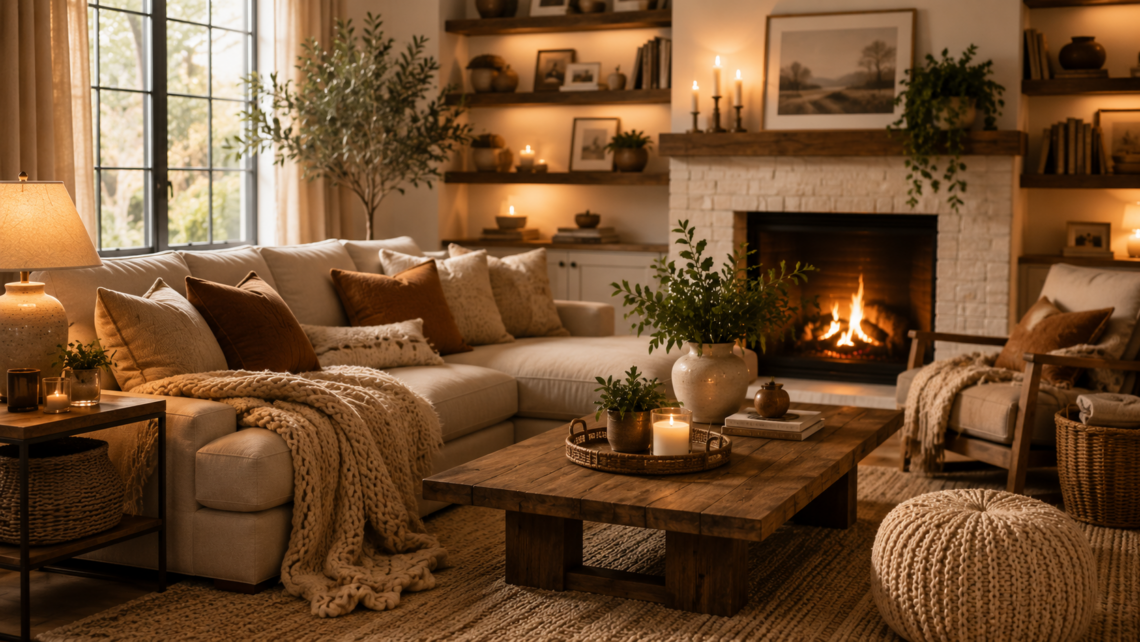 Cozy living room with fireplace and warm neutral decor