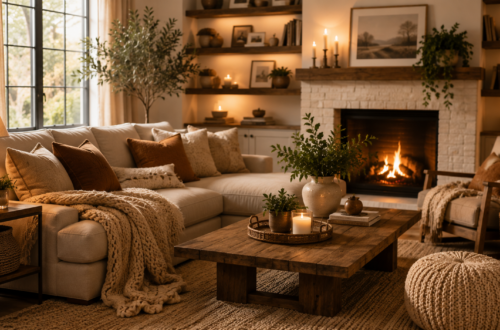 Cozy living room with fireplace and warm neutral decor