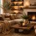 Cozy living room with fireplace and warm neutral decor