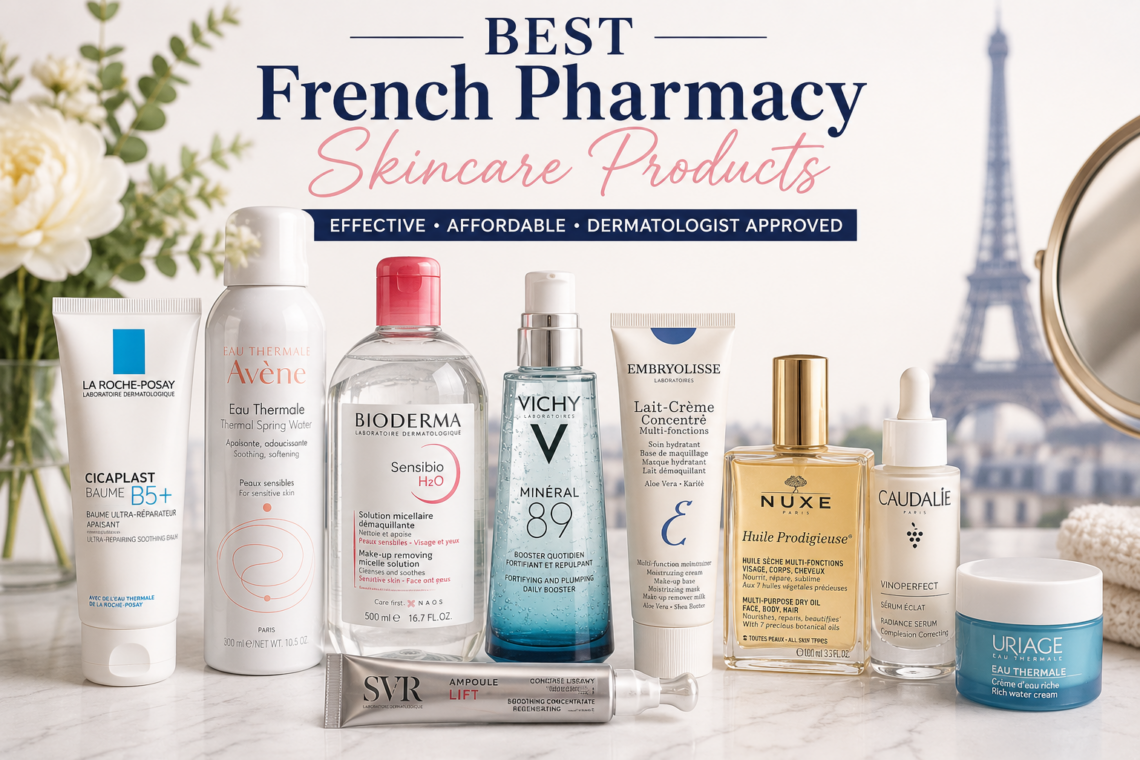 French pharmacy skincare products on a marble vanity
