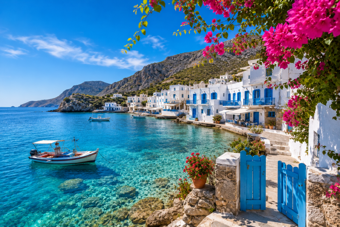 Hidden Greek island with crystal-clear turquoise water, whitewashed houses, colorful bougainvillea, and traditional coastal village in Greece