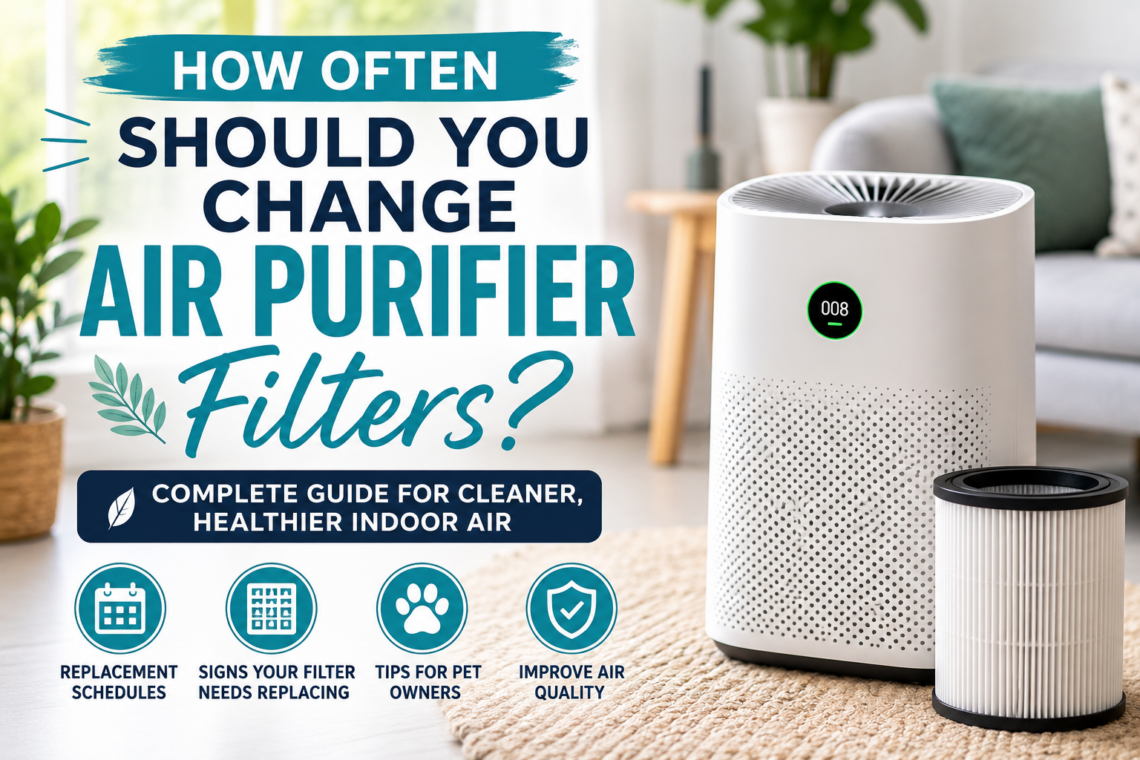 Modern air purifier and replacement filter in a clean living room