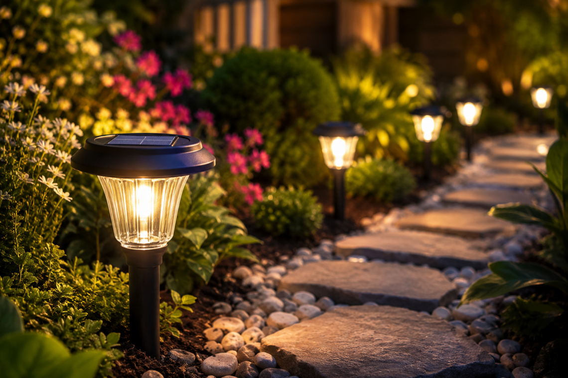 Solar garden lights illuminating a stone pathway in a landscaped backyard at night