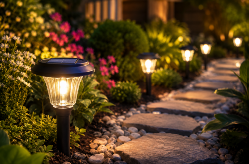 Solar garden lights illuminating a stone pathway in a landscaped backyard at night