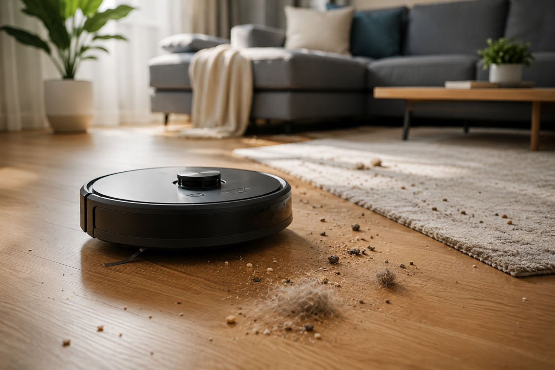 Robot vacuum cleaner struggling to pick up dust and pet hair on a hardwood floor in a modern living room