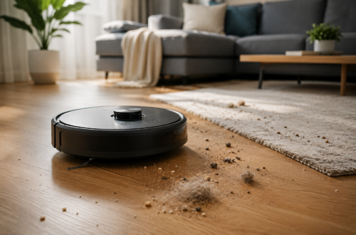 Robot vacuum cleaner struggling to pick up dust and pet hair on a hardwood floor in a modern living room