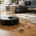 Robot vacuum cleaner struggling to pick up dust and pet hair on a hardwood floor in a modern living room