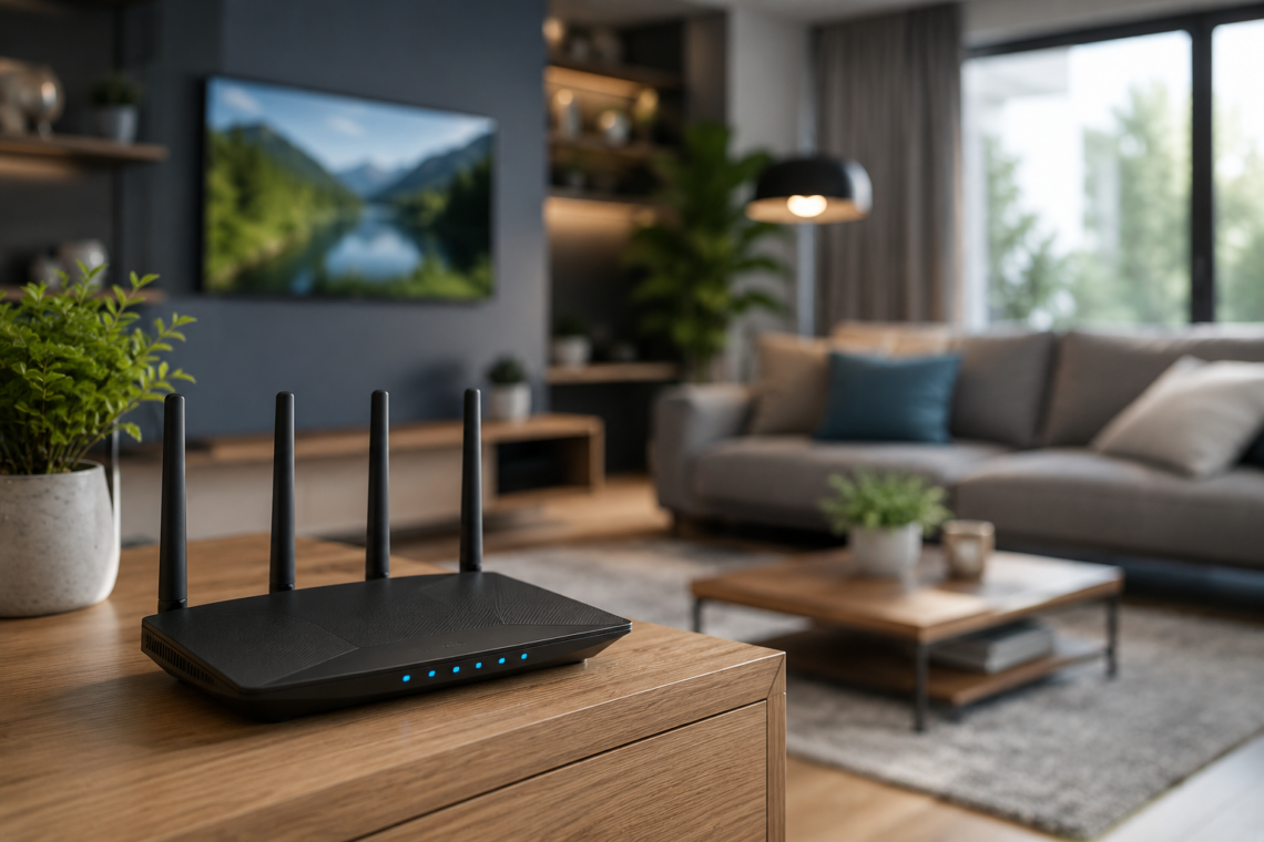 Wi-Fi router placed in the center of a modern living room for stronger wireless signal and faster internet