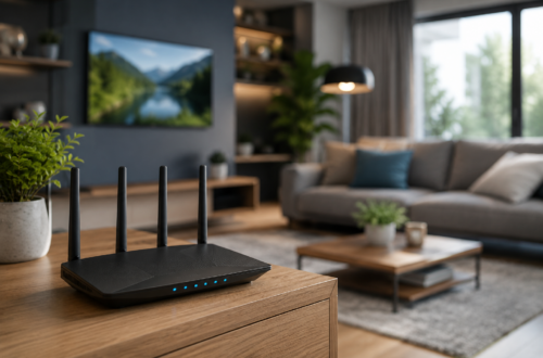 Wi-Fi router placed in the center of a modern living room for stronger wireless signal and faster internet