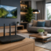 Wi-Fi router placed in the center of a modern living room for stronger wireless signal and faster internet