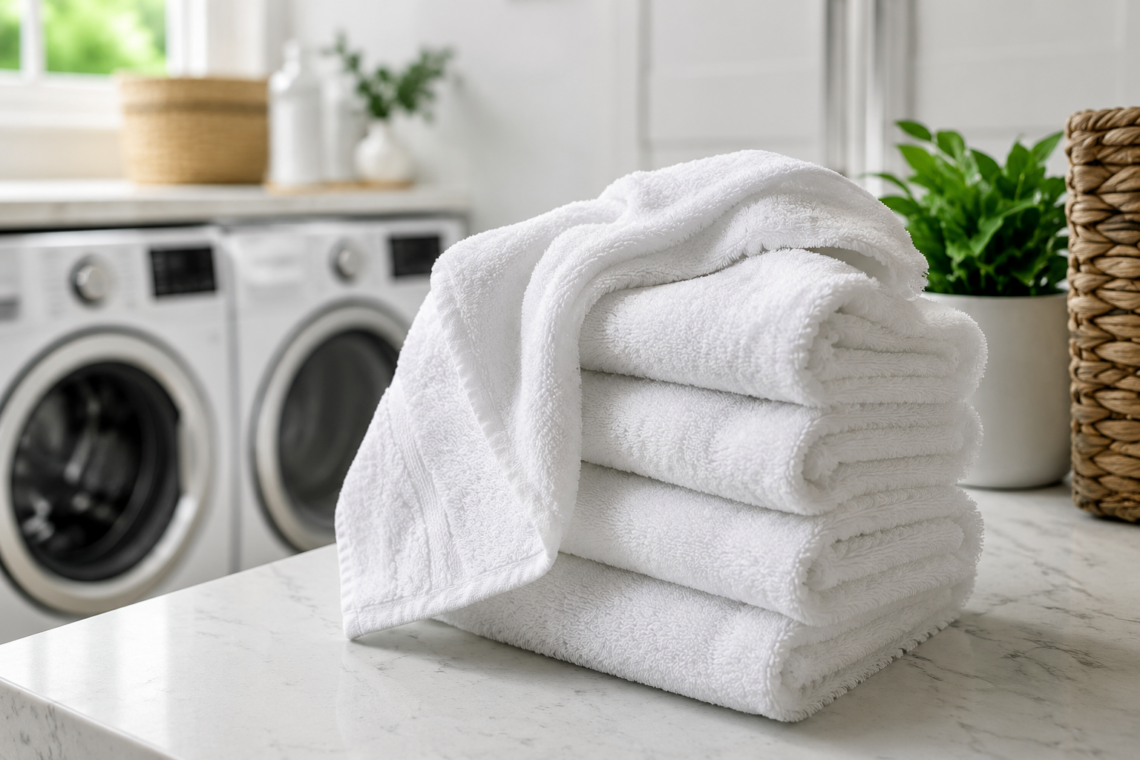 Fresh white bath towels folded on a countertop in a bright laundry room