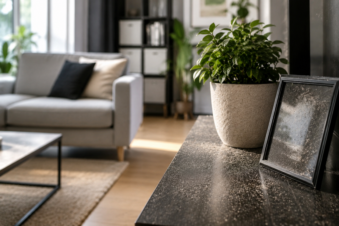 Dust-covered furniture in a modern living room showing common household dust buildup