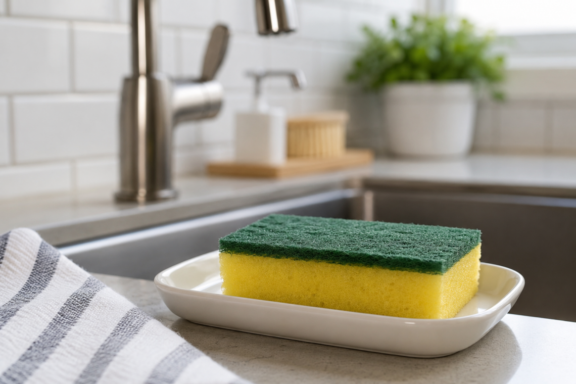 Clean kitchen sponge next to a sink in a modern kitchen ready for daily dishwashing