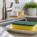 Clean kitchen sponge next to a sink in a modern kitchen ready for daily dishwashing