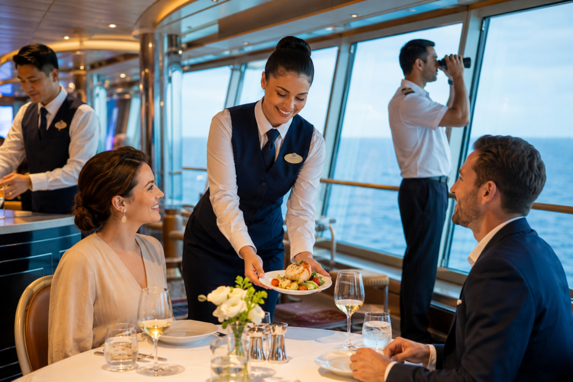 Cruise ship crew members working onboard a luxury cruise liner while serving passengers