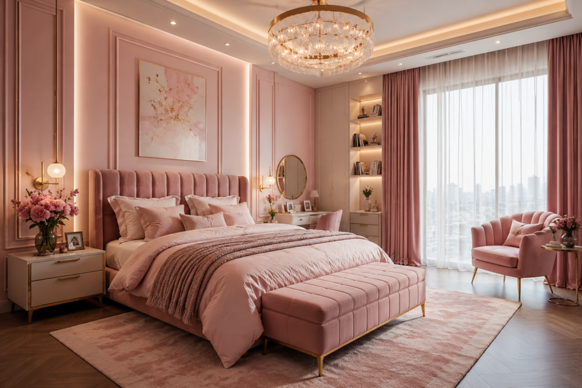 Luxury Pink Girl Bedroom Design with blush pink décor.