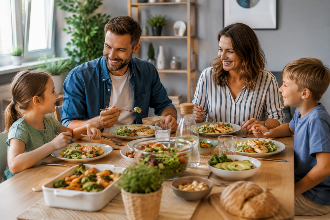 Healthy Family Dinner Ideas with a family enjoying dinner.