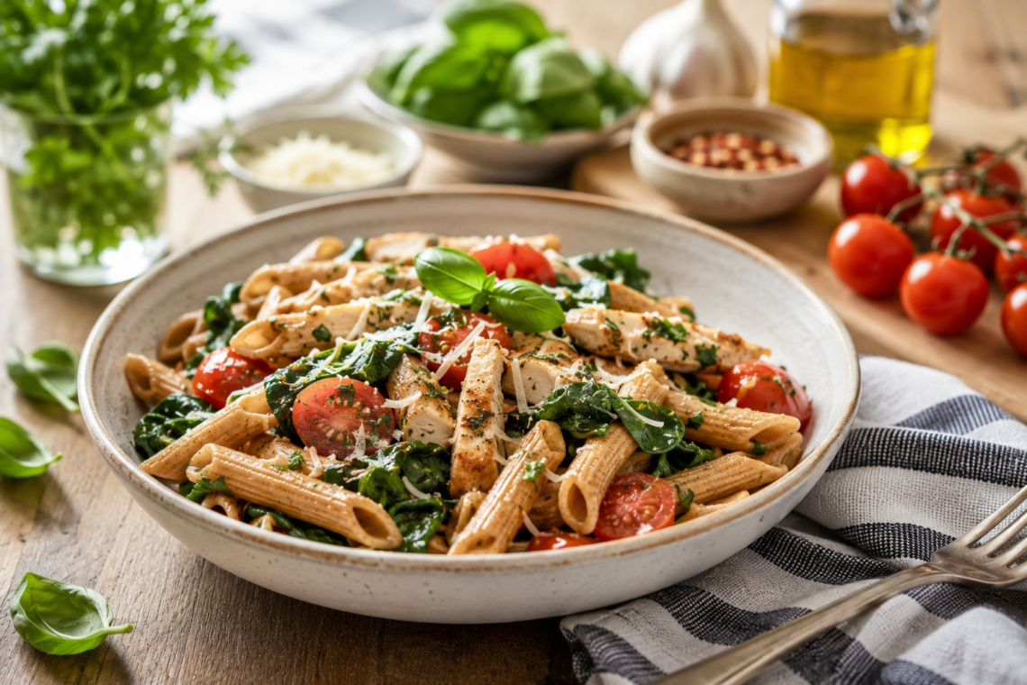 Healthy Pasta Recipes with grilled chicken and vegetables.