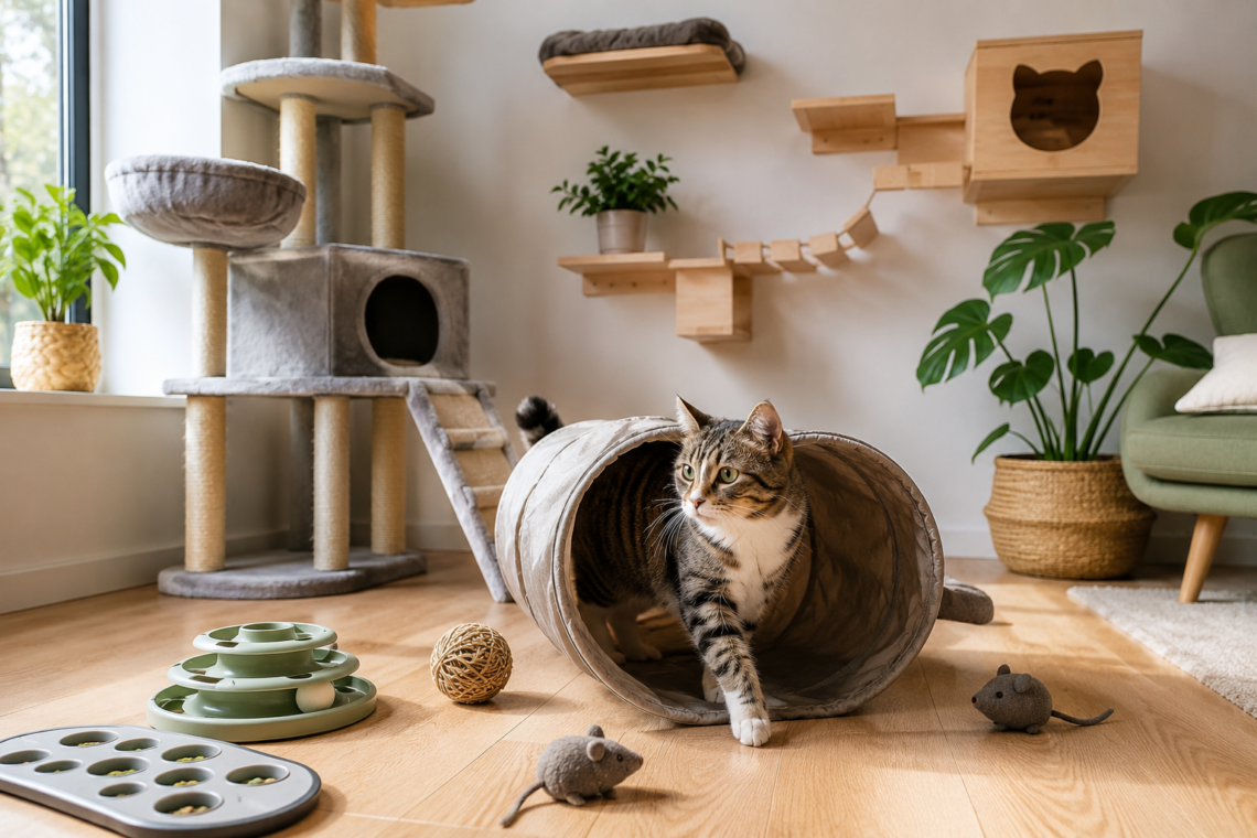 Indoor Cat Enrichment Ideas with cat tree, puzzle toys, and interactive play.