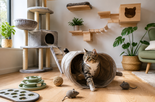 Indoor Cat Enrichment Ideas with cat tree, puzzle toys, and interactive play.