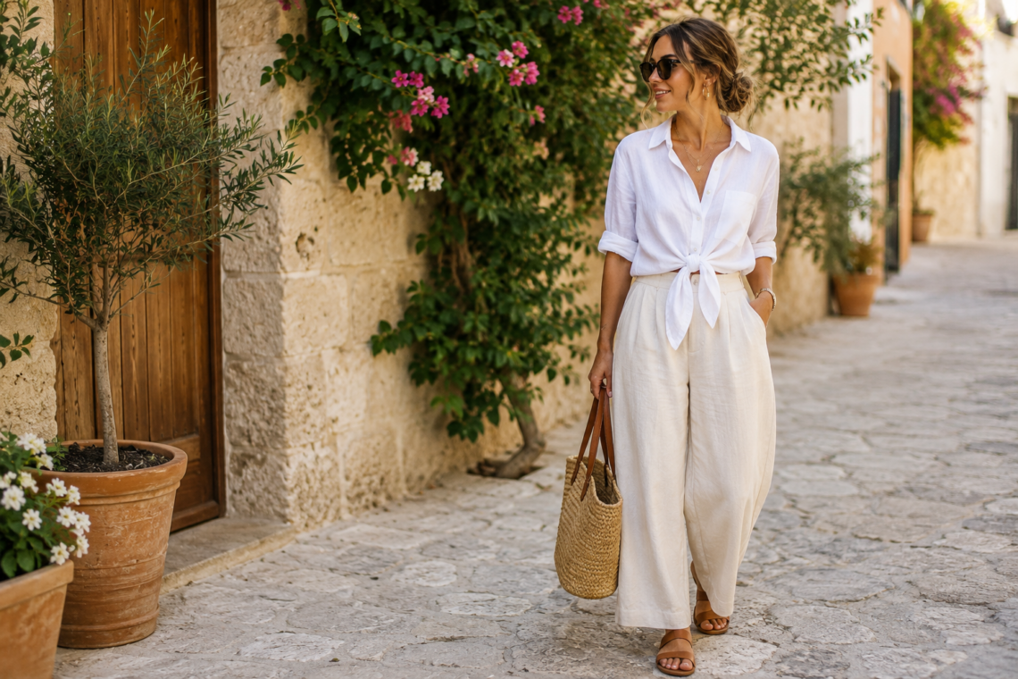 Summer Outfit Ideas featuring a chic white linen outfit for women.