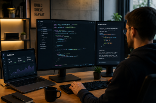 Vibe Coding with AI code assistants in a modern software development workspace.