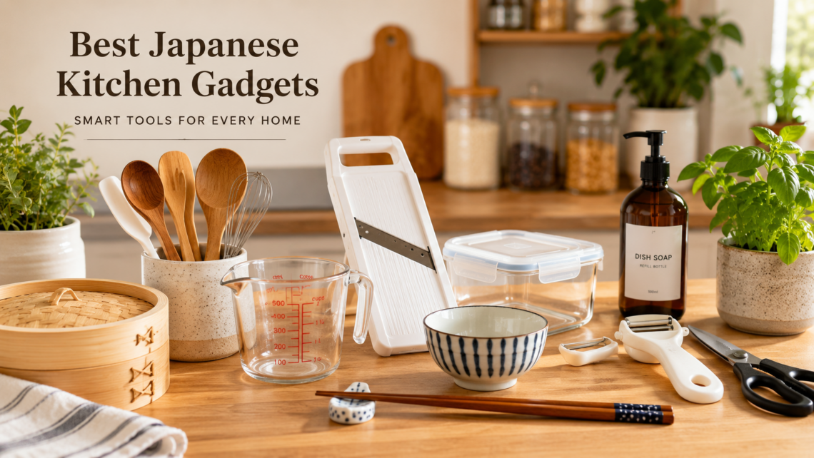 Best Japanese Kitchen Gadgets arranged in a modern minimalist kitchen with smart cooking tools.