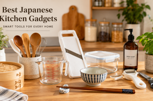 Best Japanese Kitchen Gadgets arranged in a modern minimalist kitchen with smart cooking tools.
