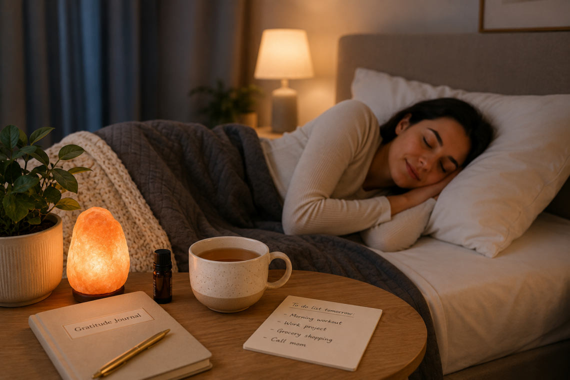 Healthy Sleep Habits with a peaceful nighttime bedroom and relaxing bedtime routine.