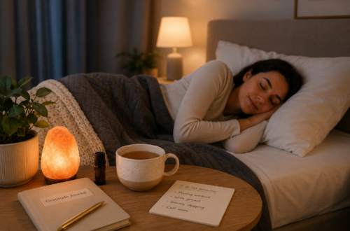 Healthy Sleep Habits with a peaceful nighttime bedroom and relaxing bedtime routine.
