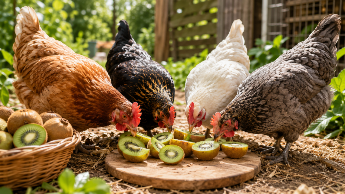 Backyard chickens eating fresh kiwi slices as a healthy fruit treat.