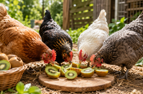 Backyard chickens eating fresh kiwi slices as a healthy fruit treat.