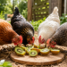 Backyard chickens eating fresh kiwi slices as a healthy fruit treat.