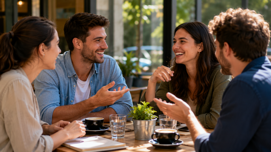 Friends practicing everyday etiquette through respectful conversation at a café.