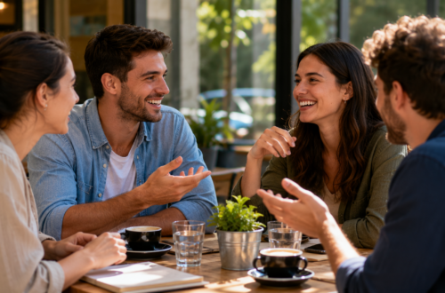 Friends practicing everyday etiquette through respectful conversation at a café.