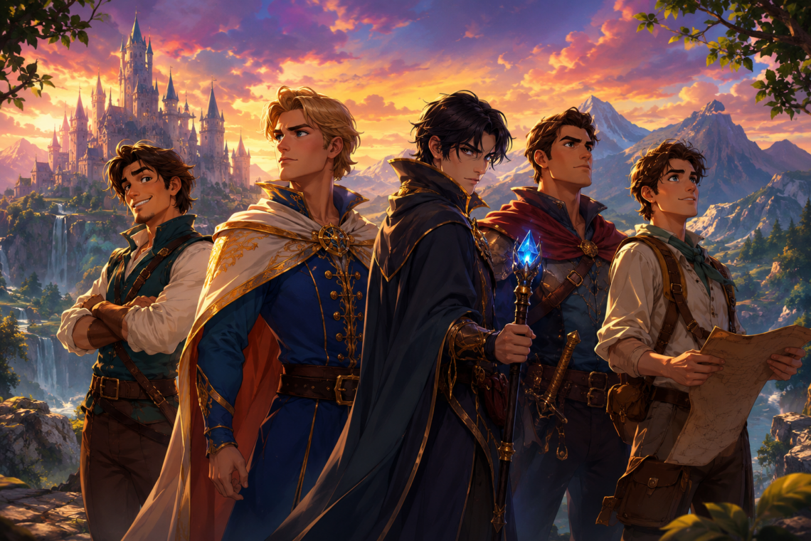 Original fantasy-inspired animated heroes standing together in a magical kingdom at sunset.