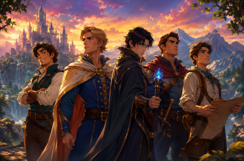 Original fantasy-inspired animated heroes standing together in a magical kingdom at sunset.