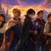 Original fantasy-inspired animated heroes standing together in a magical kingdom at sunset.
