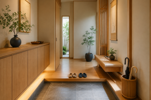 apanese Entryway (Genkan) with minimalist design and smart shoe storage.