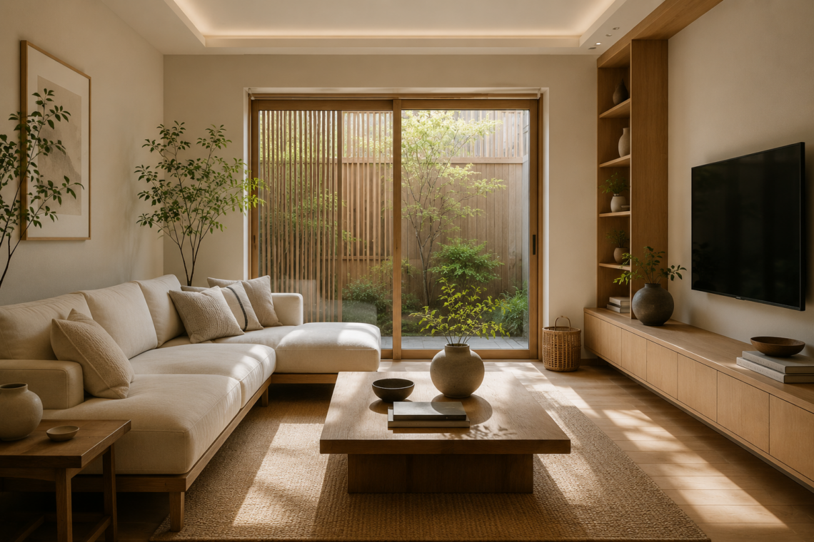Japandi living room with natural wood furniture, neutral colors, and minimalist décor.