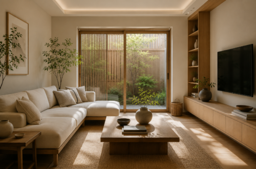 Japandi living room with natural wood furniture, neutral colors, and minimalist décor.
