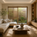 Japandi living room with natural wood furniture, neutral colors, and minimalist décor.