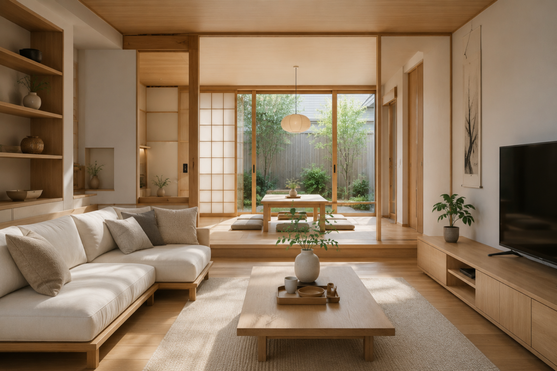 Japanese minimalist living room with natural light and space-saving design.