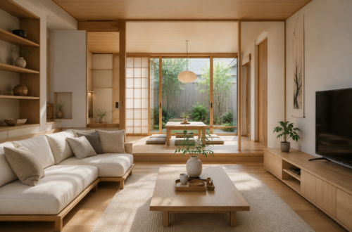 Japanese minimalist living room with natural light and space-saving design.